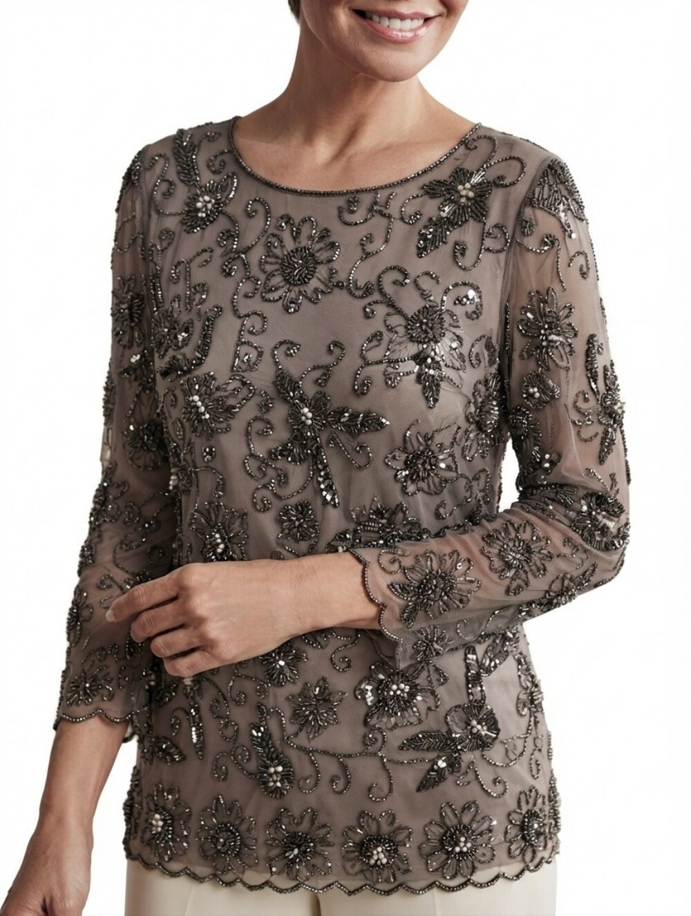 NWT Vintage Adriana Papell Silk Tunic Hand Beaded 3/4 Sleeve Side Slits XL Taupe